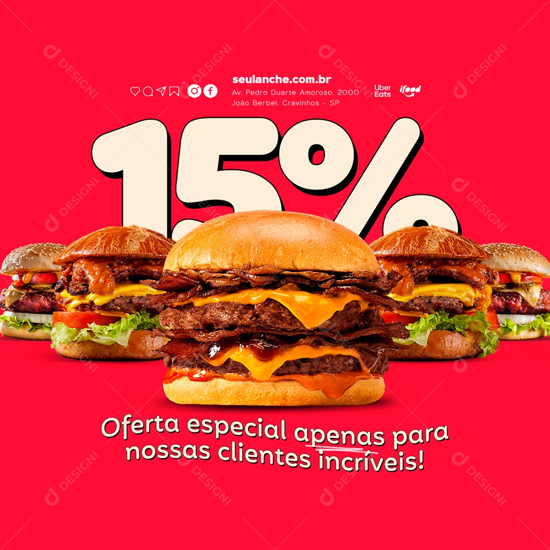 Hambúrguer Oferta Especial 15% Social Media PSD Editável