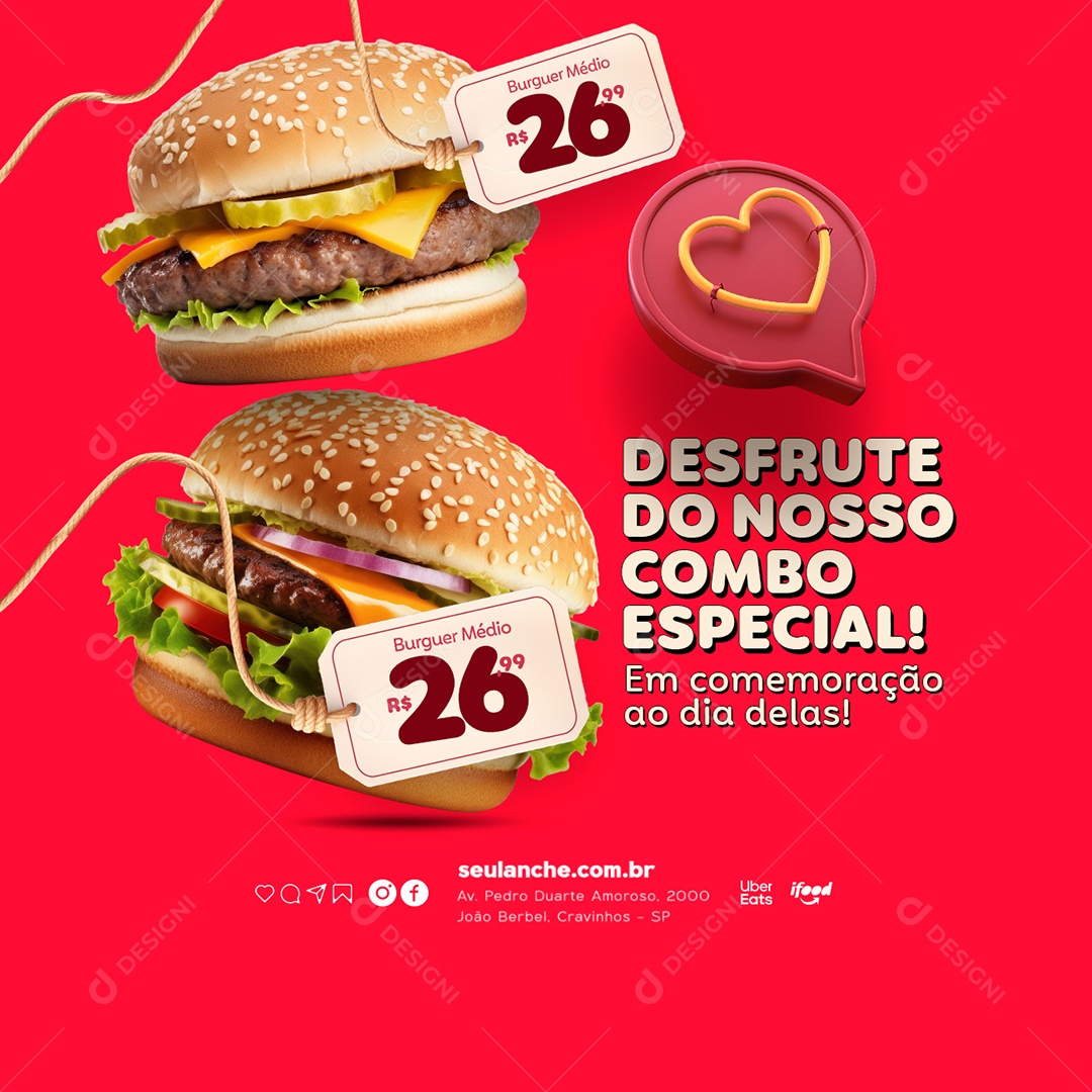 Hambúrguer Burguer Desfrute no nosso combo especial Social Media PSD Editável