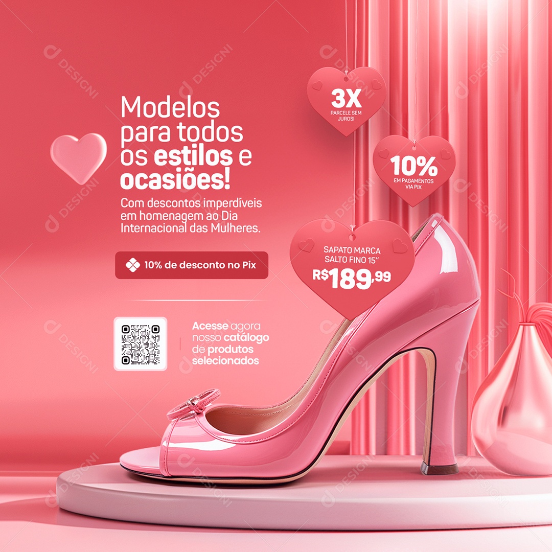 Loja De Sapatos Dia das Mulheres Salto Fino 10% de desconto no Pix Social Media PSD Editável