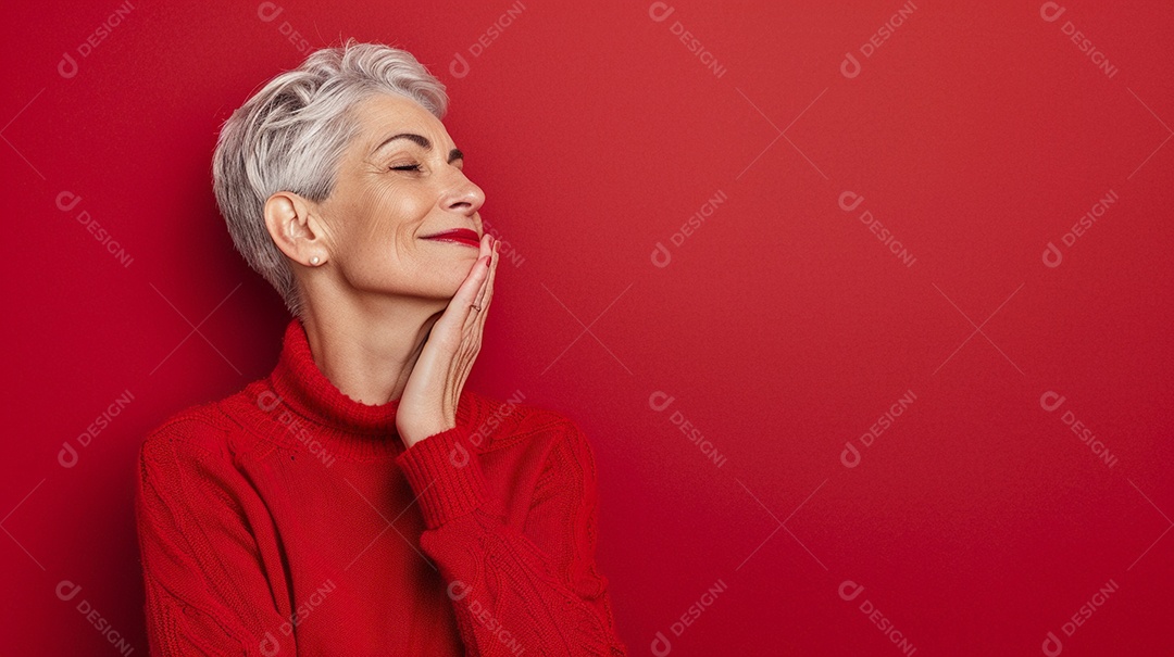 Mulher de 50 anos expressando afeto isolada em fundo de cor amarela