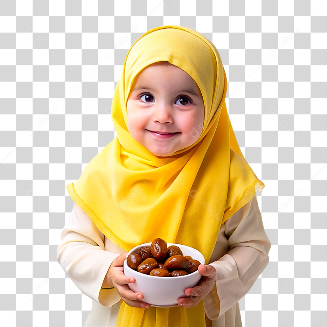 Bebê Muçulmana com Hijab Amarelo PNG Transparente