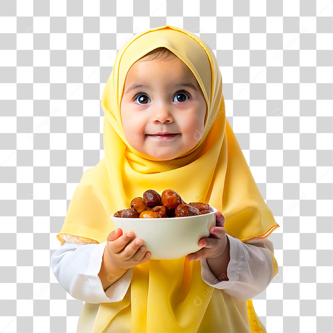 Bebê Muçulmana com Hijab Amarelo PNG Transparente