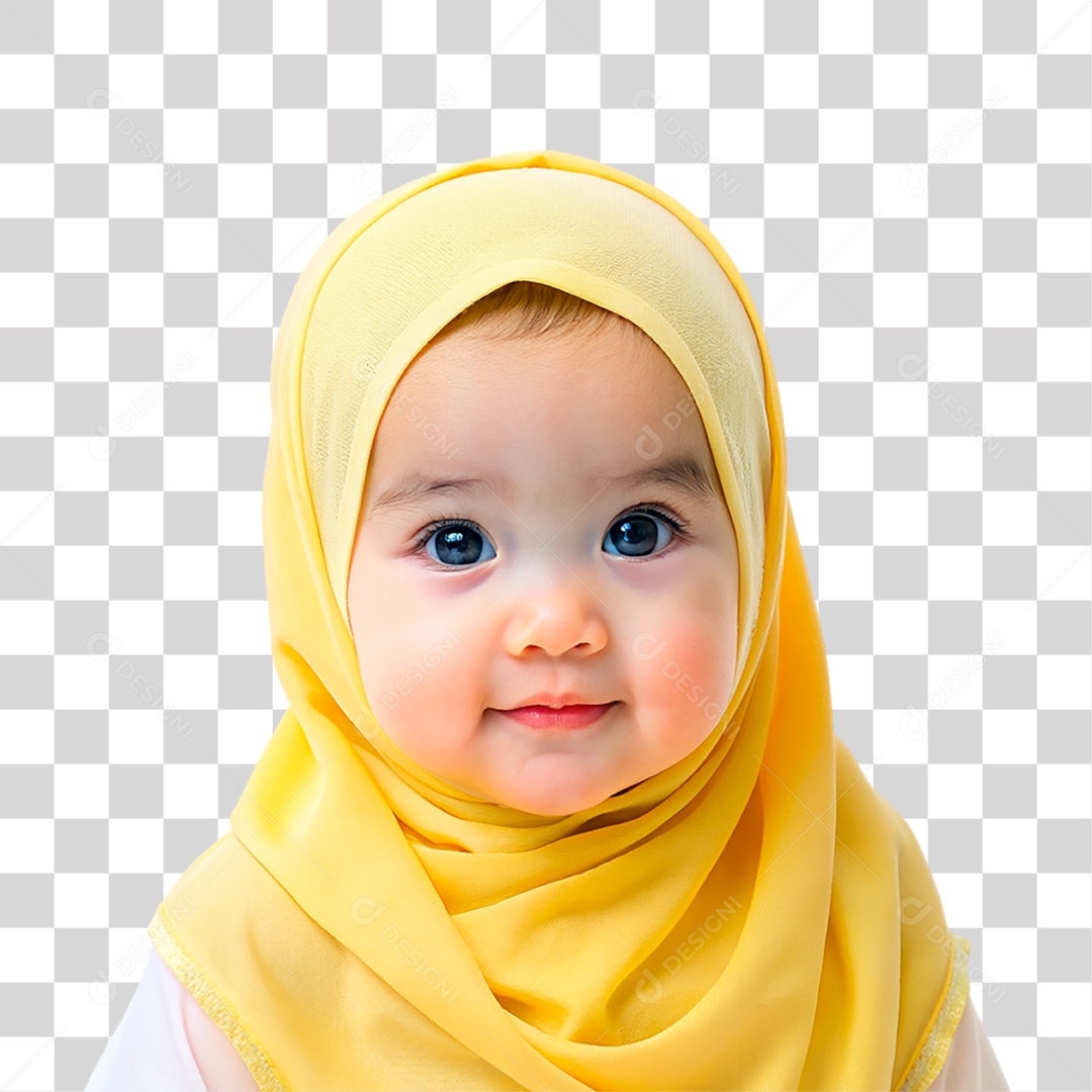 Bebê Muçulmana com Hijab Amarelo PNG Transparente
