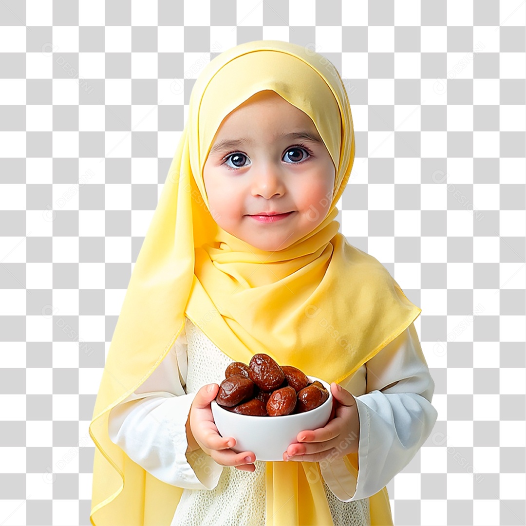 Bebê Muçulmana com Hijab Amarelo PNG Transparente