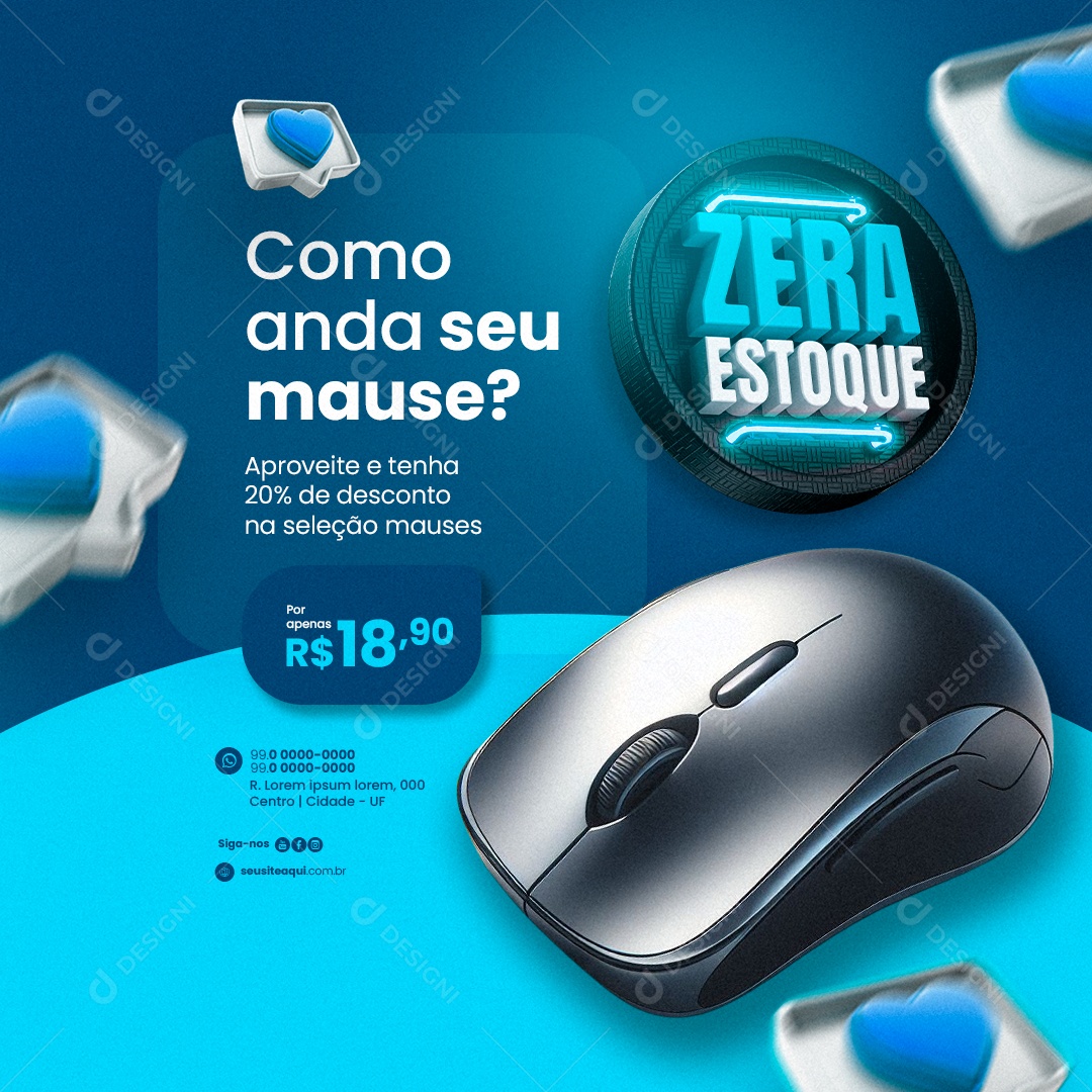 Informática Zera Estoque mouse 20% de Desconto Social Media PSD Editável