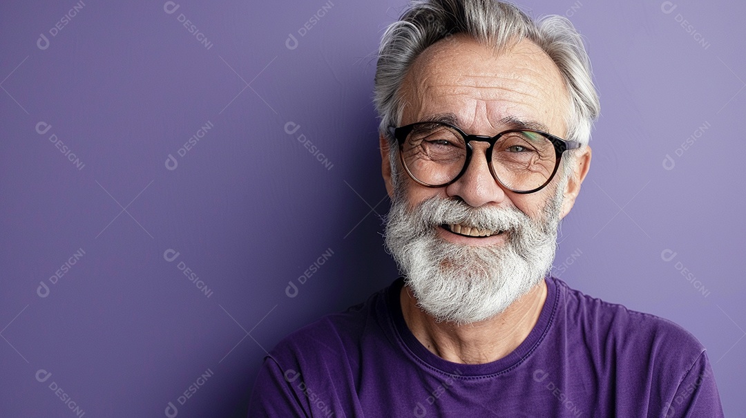 Homem de 50 anos expressando afeto isolado em fundo de cor roxa