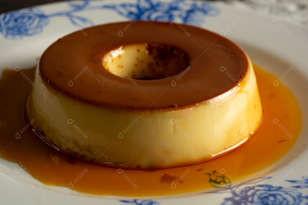 Pudim lindo e saboroso em prato decorado