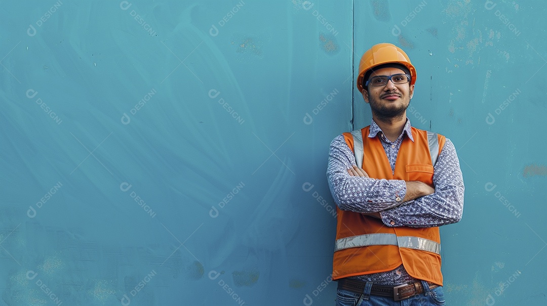 Engenheiro masculino expressando afeto isolado em fundo de cor azul