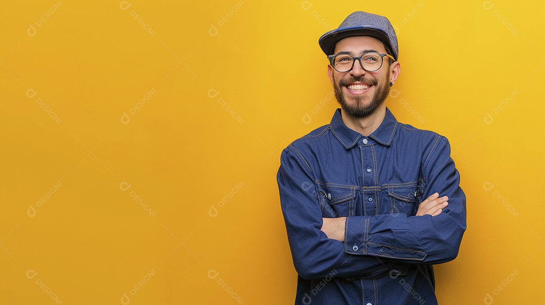 Engenheiro masculino expressando afeto isolado em fundo de cor amarela
