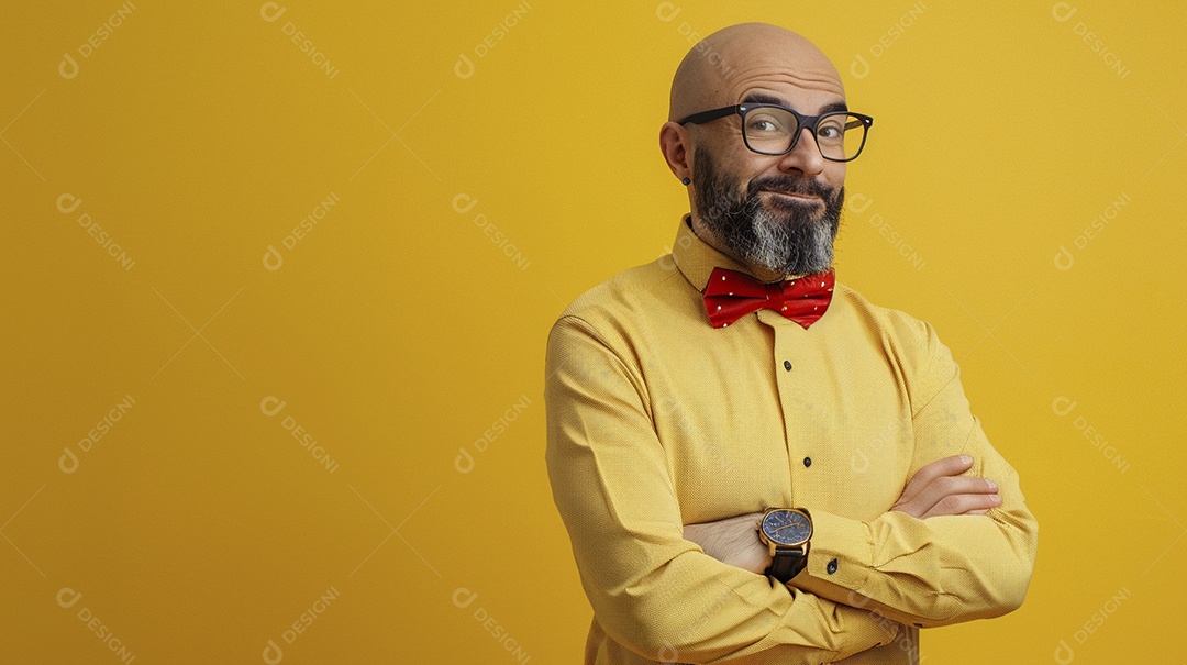 Diretor masculino expressando afeto isolado em fundo de cor amarela