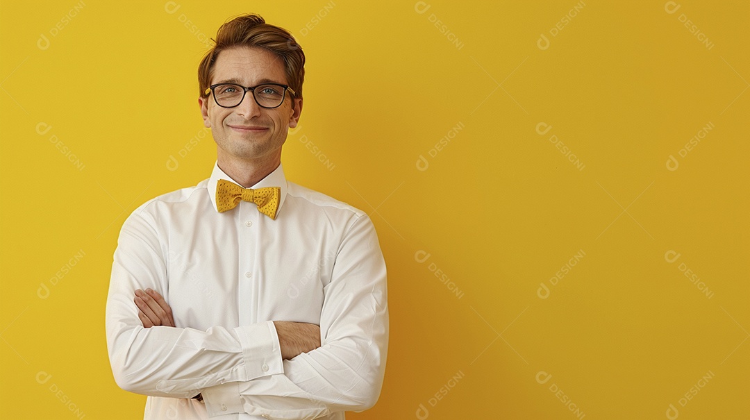 Diretor masculino expressando afeto isolado em fundo de cor amarela