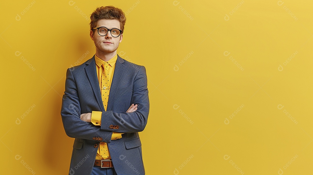 Diretor masculino expressando afeto isolado em fundo de cor amarela