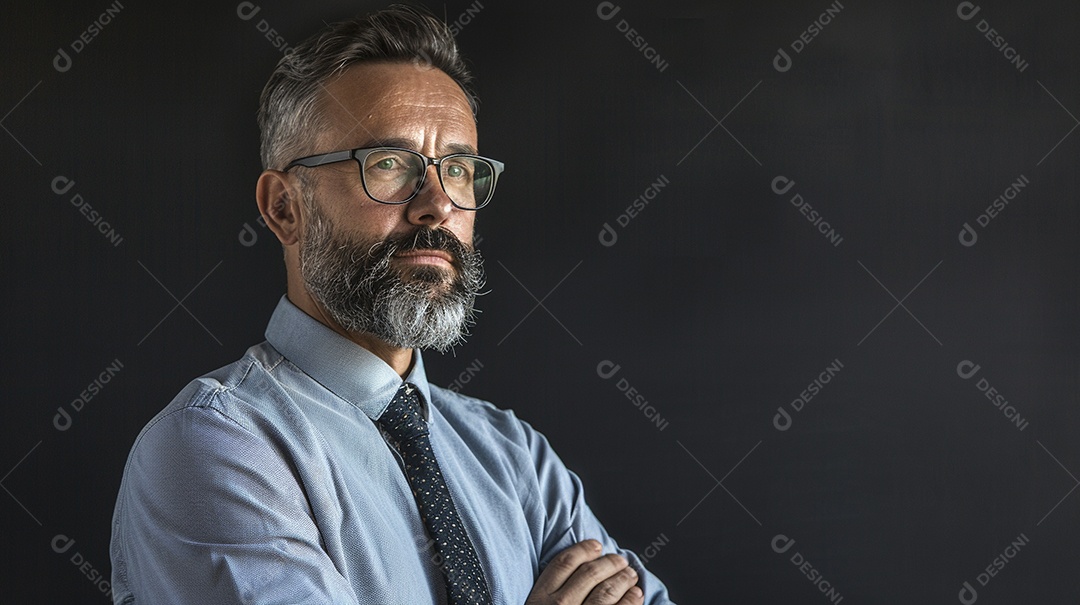 Diretor masculino com expressão de afeto isolado em fundo de cor preta