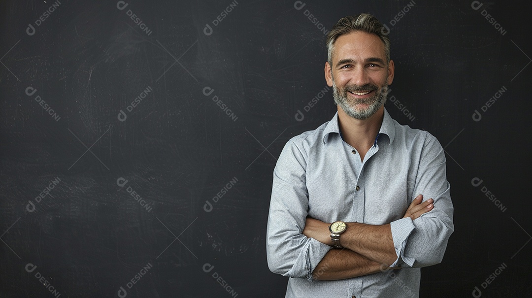 Diretor masculino com expressão de afeto isolado em fundo de cor preta