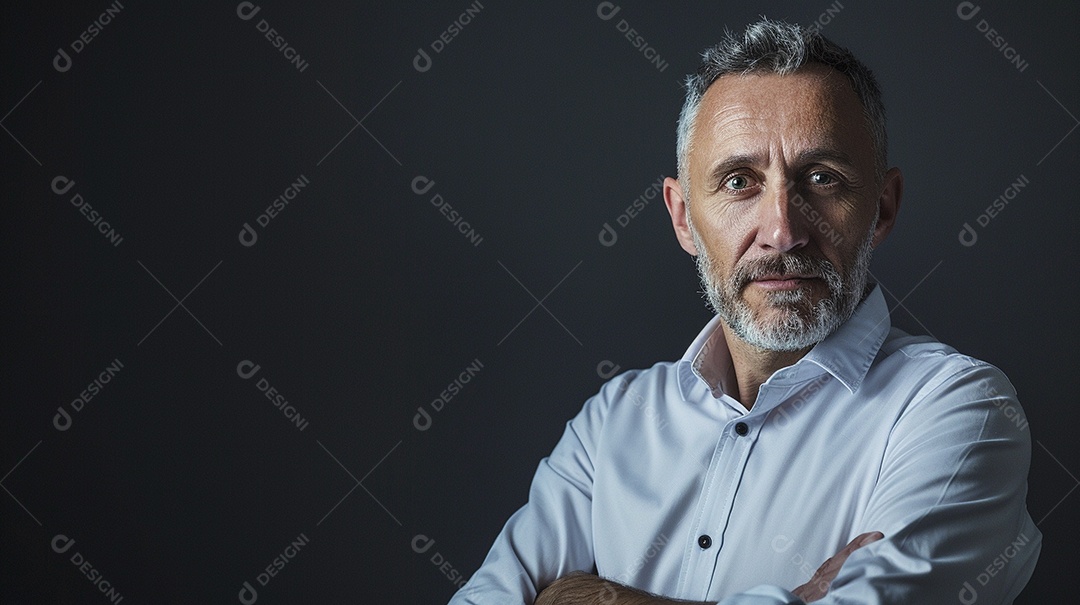 Diretor masculino com expressão de afeto isolado em fundo de cor preta