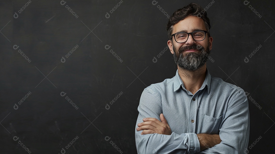 Diretor masculino com expressão de afeto isolado em fundo de cor preta