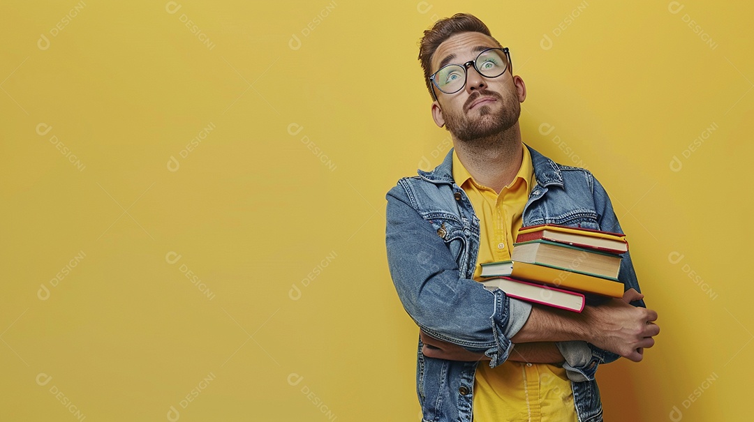 Homem bibliotecário expressando afeto isolado em fundo de cor amarela