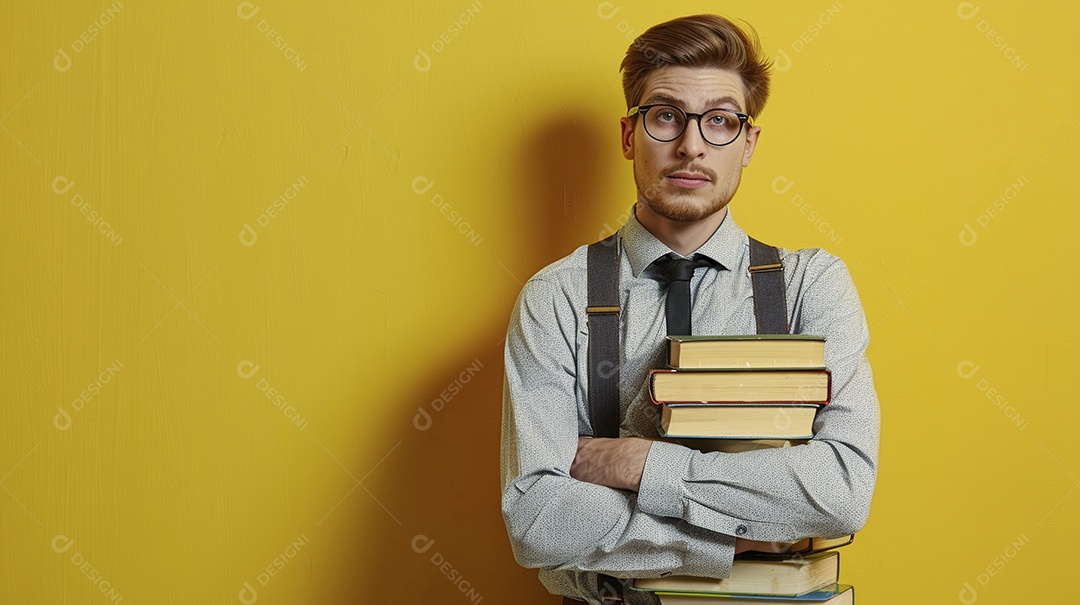 Homem bibliotecário expressando afeto isolado em fundo de cor amarela