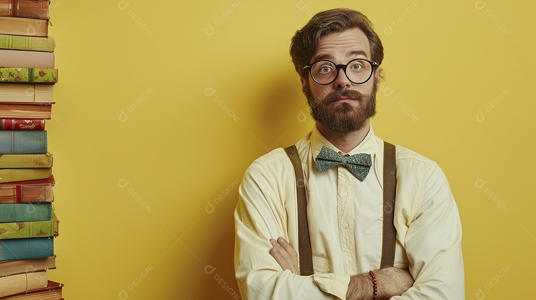 Homem bibliotecário expressando afeto isolado em fundo de cor amarela