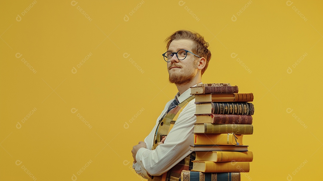 Homem bibliotecário expressando afeto isolado em fundo de cor amarela