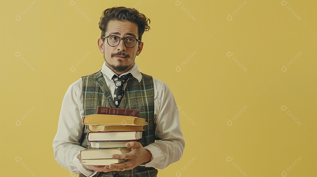 Homem bibliotecário expressando afeto isolado em fundo de cor amarela
