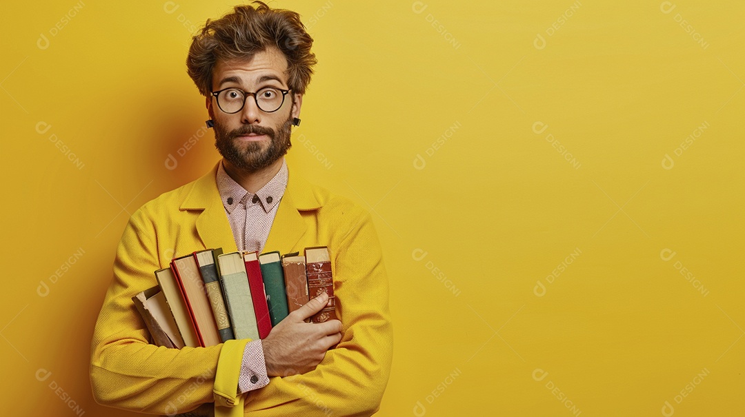 Homem bibliotecário expressando afeto isolado em fundo de cor amarela