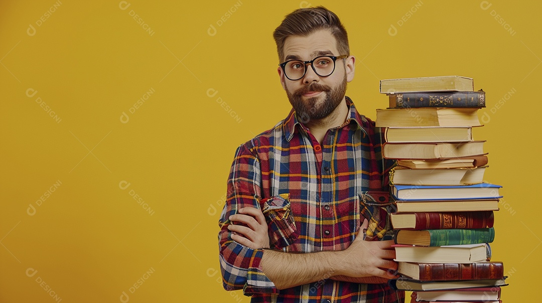 Homem bibliotecário expressando afeto isolado em fundo de cor amarela