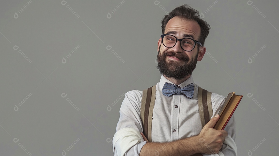 Homem bibliotecário expressando afeto isolado em fundo de cor amarela