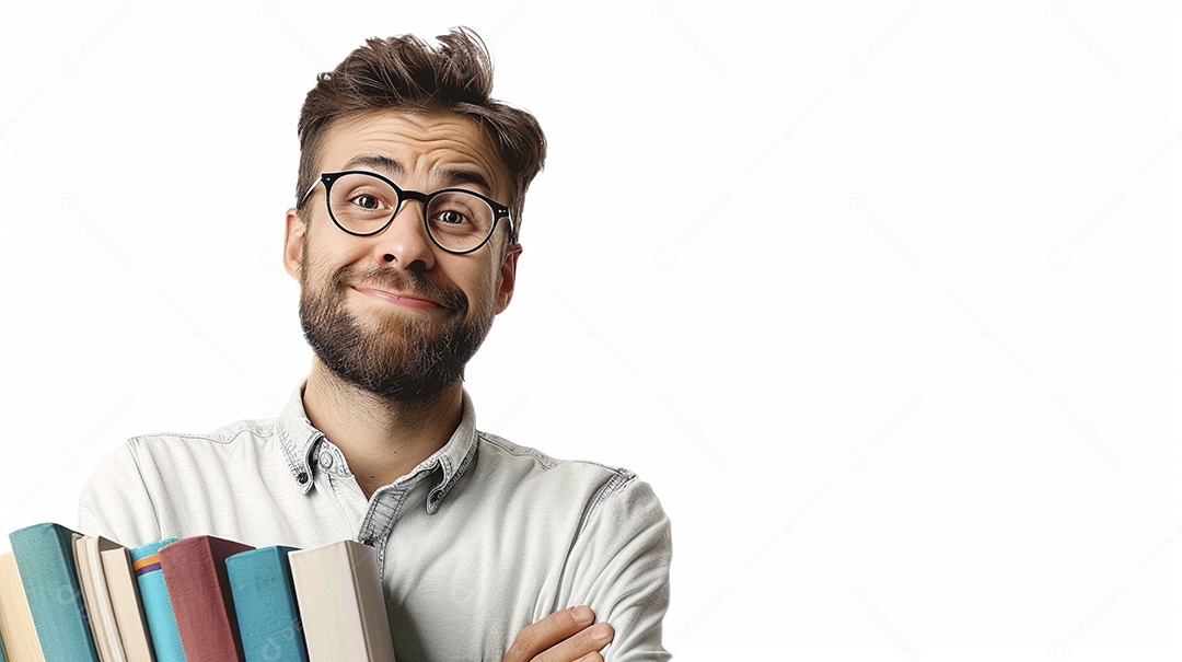 Homem bibliotecário expressando afeto isolado em fundo de cor branca