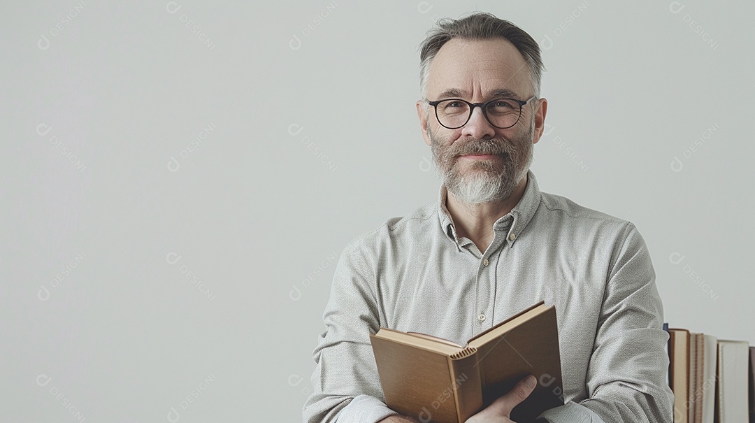 Homem bibliotecário expressando afeto isolado em fundo de cor branca