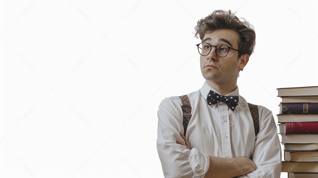 Homem bibliotecário expressando afeto isolado em fundo de cor branca