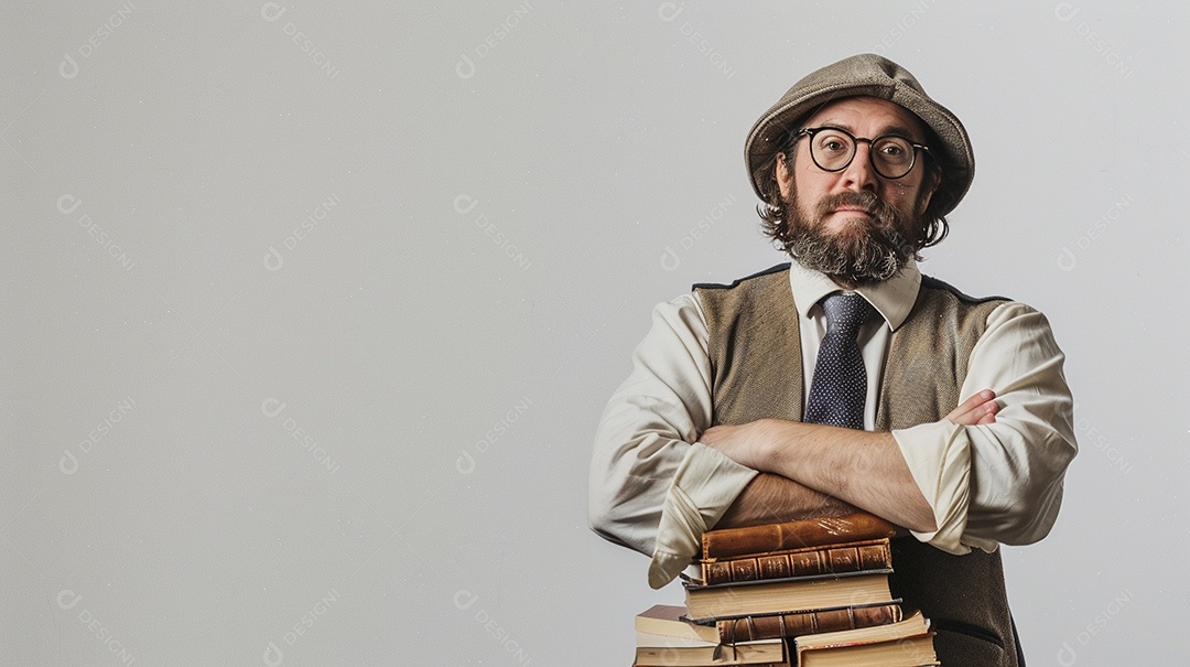 Homem bibliotecário expressando afeto isolado em fundo de cor branca