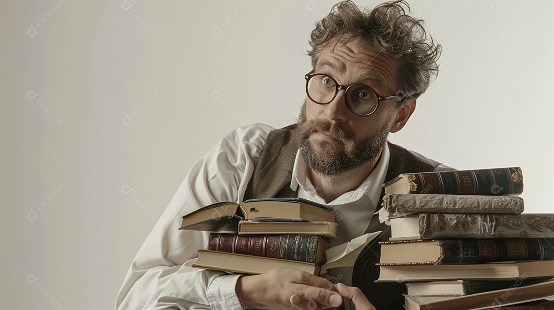 Homem bibliotecário expressando afeto isolado em fundo de cor branca