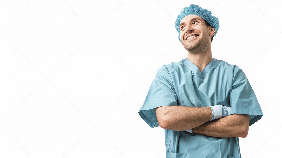 Enfermeiro masculino expressando afeto isolado em fundo de cor azul