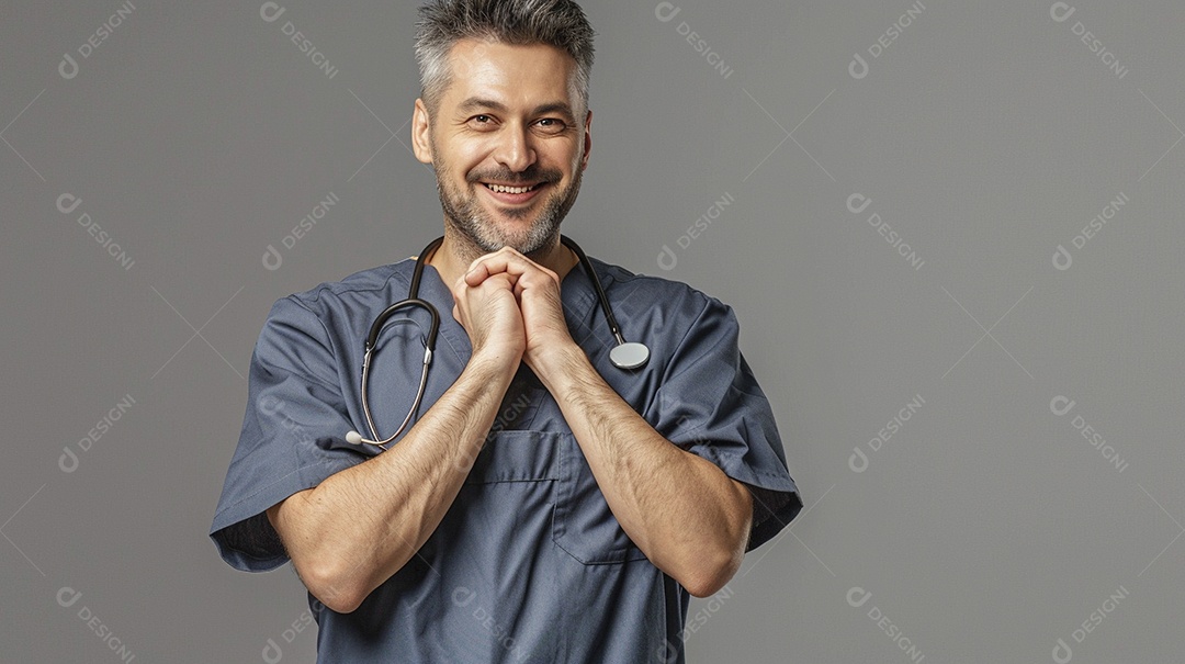 Enfermeiro masculino expressando afeto isolado em fundo de cor azul