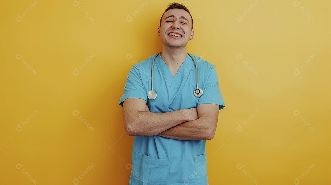 Enfermeiro masculino expressando afeto isolado em fundo de cor azul