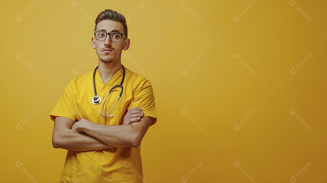 Enfermeiro masculino expressando afeto isolado em fundo de cor azul