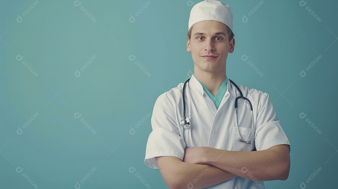 Enfermeiro masculino expressando afeto isolado em fundo de cor azul