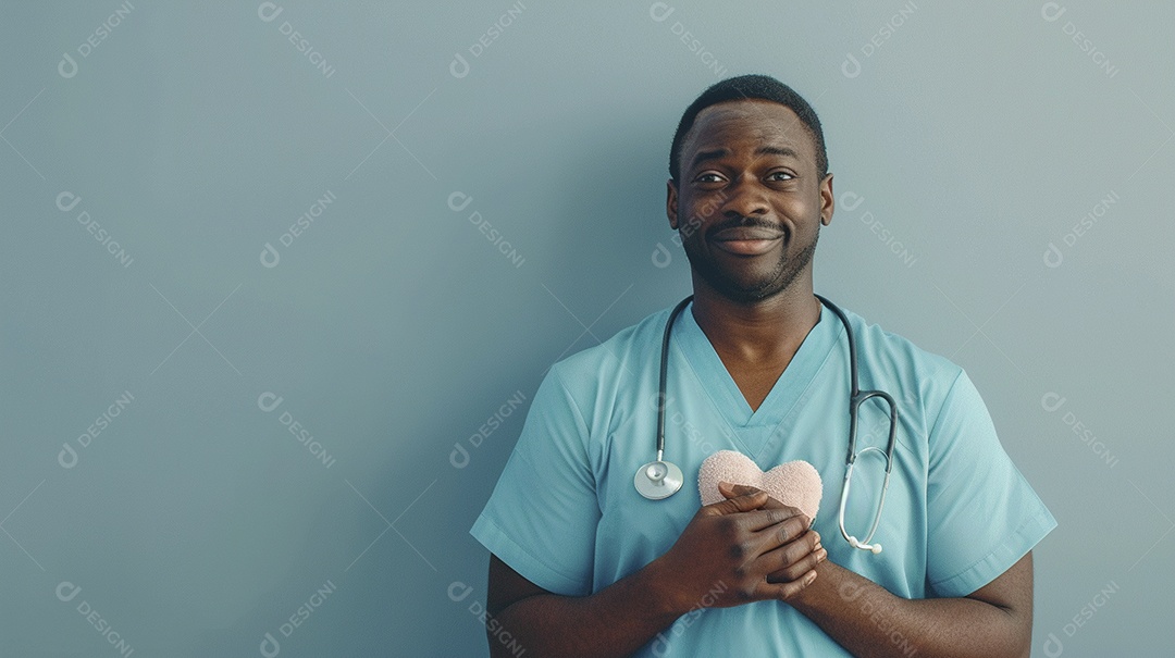 Enfermeiro masculino expressando afeto isolado em fundo de cor azul