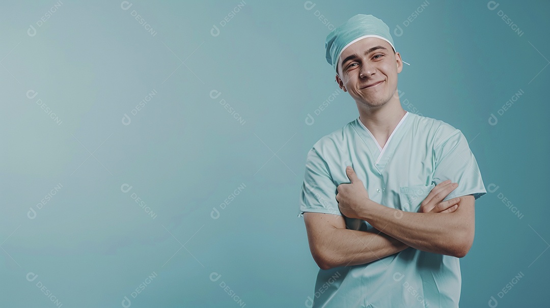 Enfermeiro masculino expressando afeto isolado em fundo de cor azul