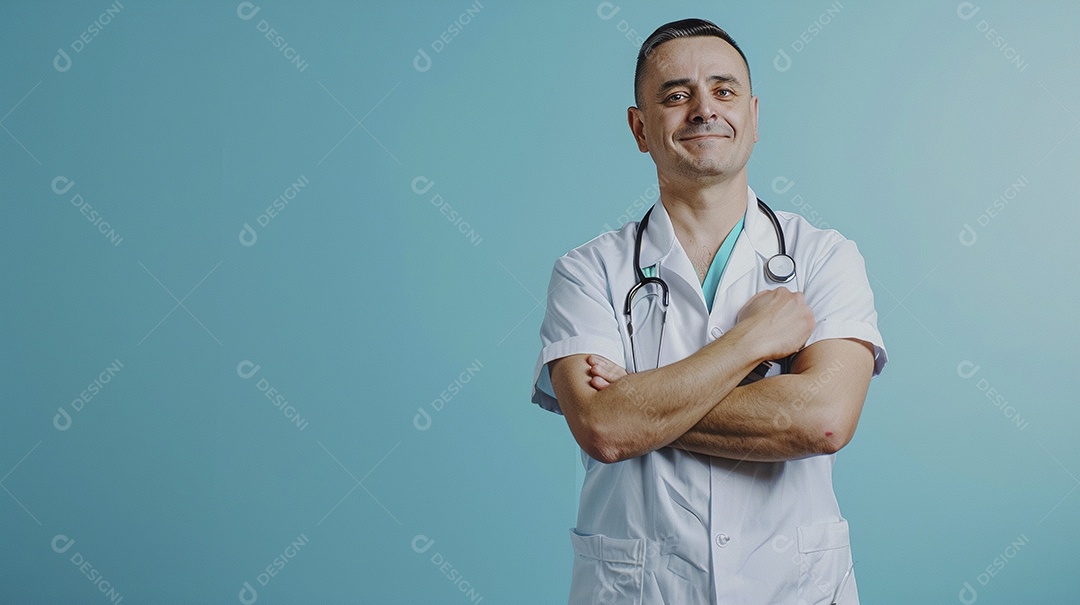 Enfermeiro masculino expressando afeto isolado em fundo de cor azul