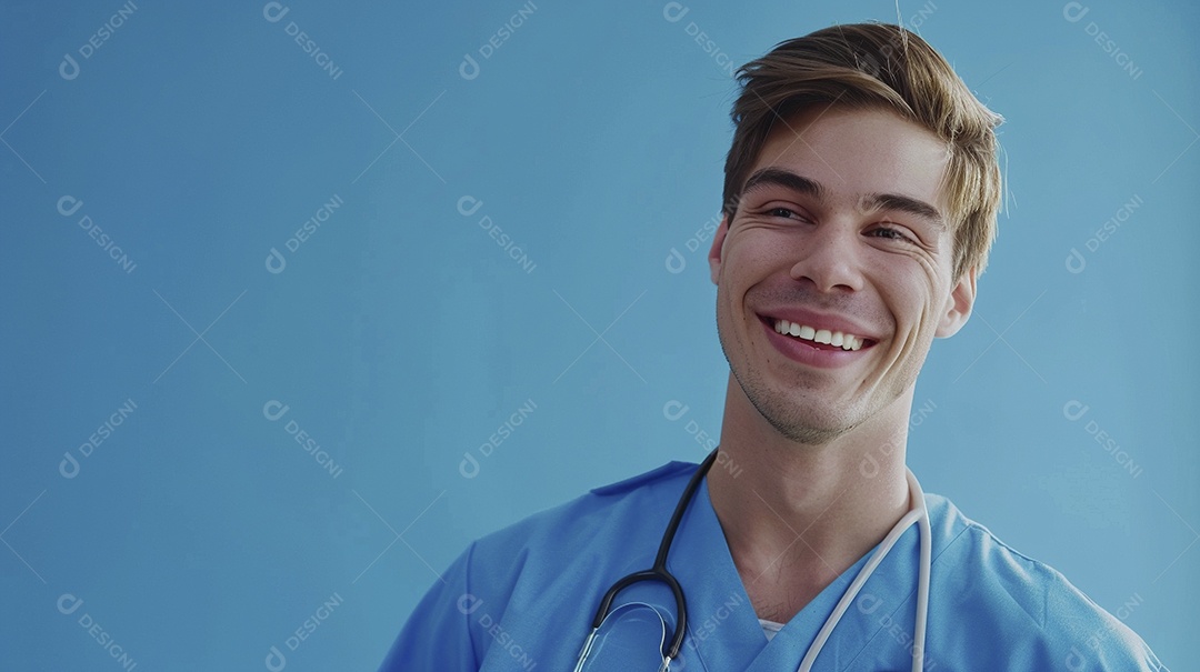 Enfermeiro masculino expressando afeto isolado em fundo de cor azul