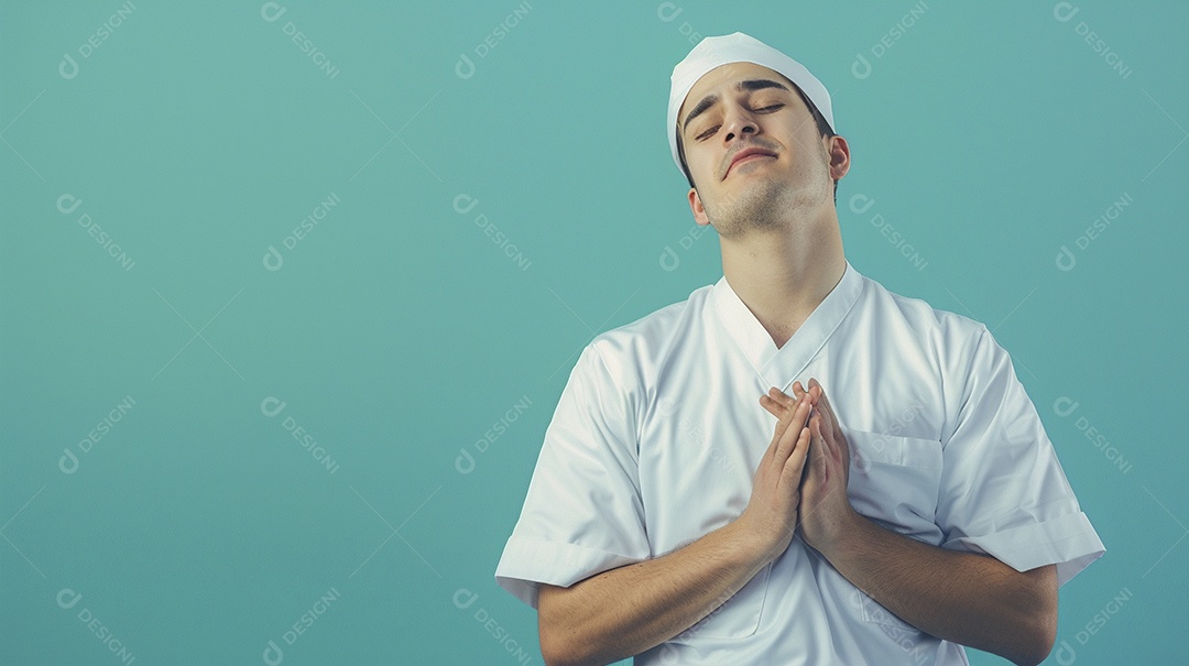 Enfermeiro masculino expressando afeto isolado em fundo de cor azul