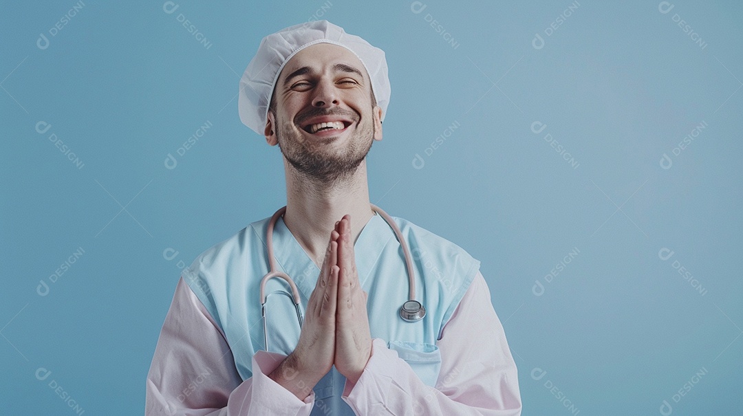 Enfermeiro masculino expressando afeto isolado em fundo de cor azul