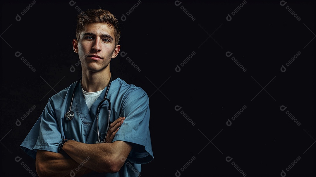 Enfermeiro masculino expressando afeto isolado em fundo de cor azul