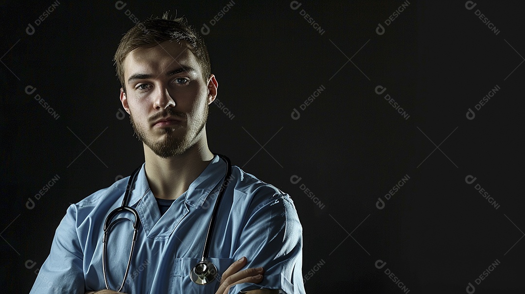 Enfermeiro masculino expressando afeto isolado em fundo de cor azul