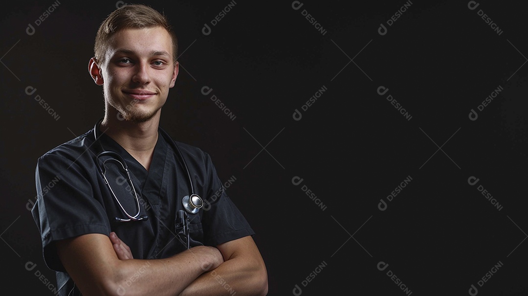 Enfermeiro masculino expressando afeto isolado em fundo de cor azul