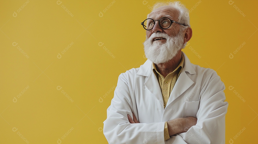 Homem cientista expressando afeto isolado em fundo de cor amarela