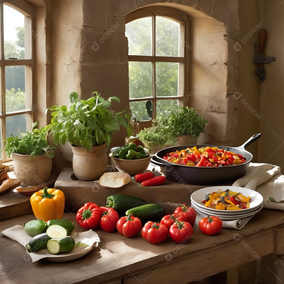 Mesa cheia de vegetais com fartura