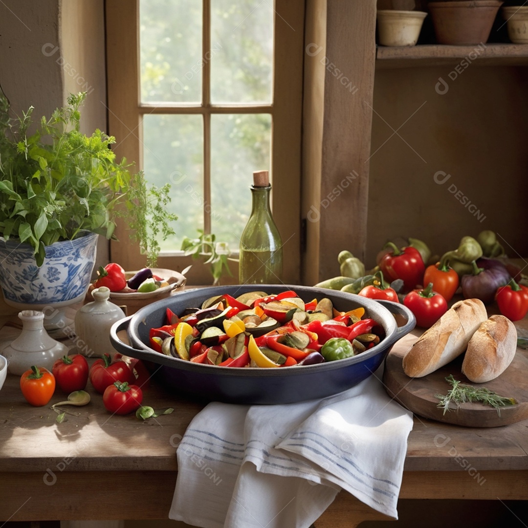 Mesa cheia de vegetais com fartura e pães